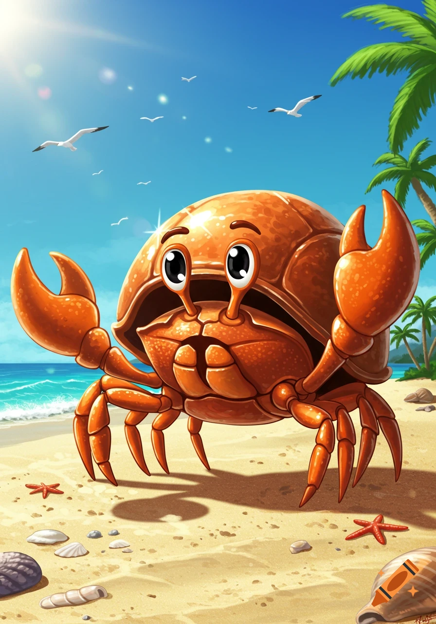 A shiny, cartoon crab on a sunny beach with seagulls, palm trees, and ocean waves in the background. Illustrative style.