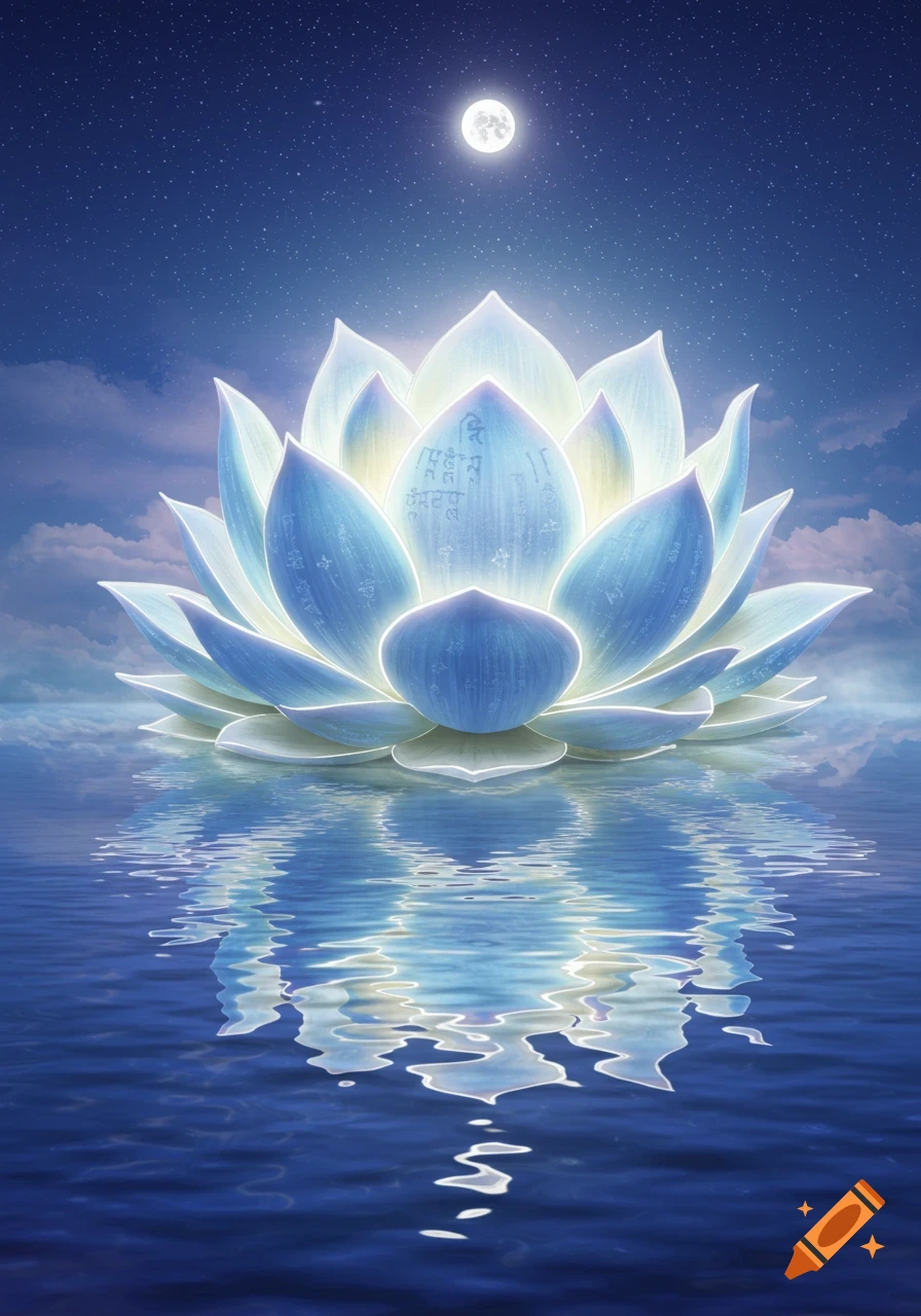 A glowing blue and white lotus flower floats on dark water under a full moon and starry night sky.