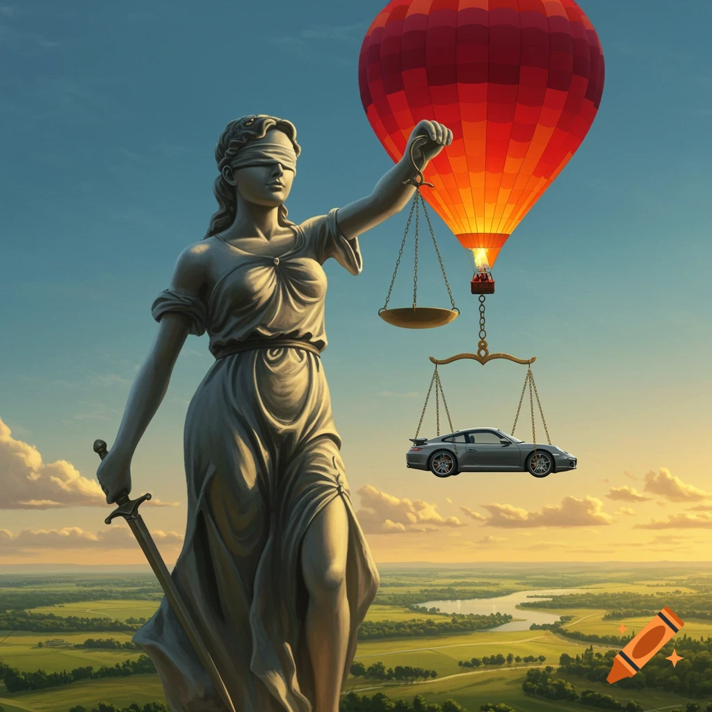 A giant statue of Lady Justice holds scales from which a hot air balloon hangs, with a Porsche 911 dangling from the balloon over a vast green landscape at sunset.