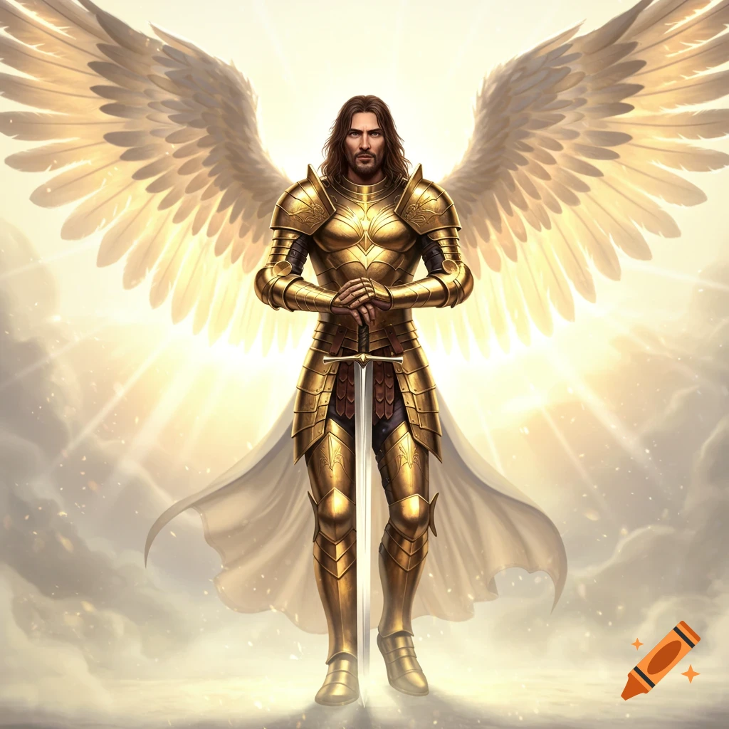 An Archangel in shining gold armor with large white wings, holding a sword, stands illuminated by bright light.