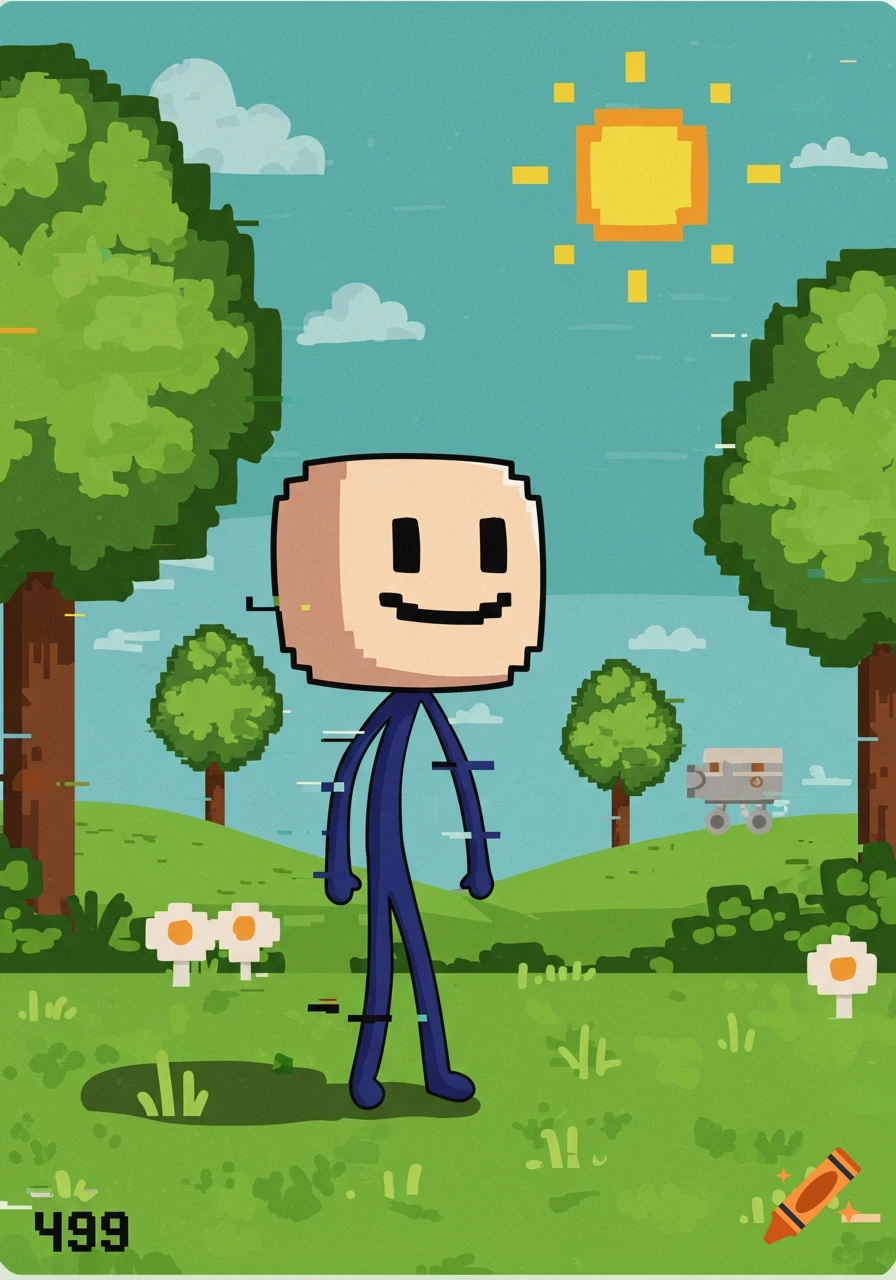 A pixelated stickman with a large smiling head and blue body stands in a blocky green landscape under a pixel sun, with glitch art effects and the numbers 499.