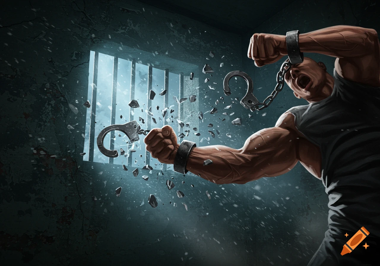 A powerful muscular man breaks free from handcuffs in a dark prison cell, shards of metal flying.