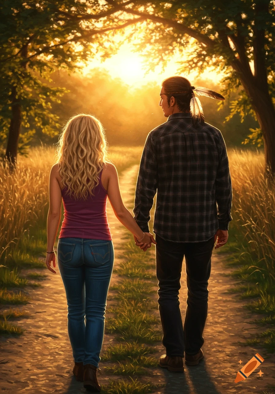 Photorealistic image of a man and woman holding hands, walking away down a dirt path through tall grass at sunset.