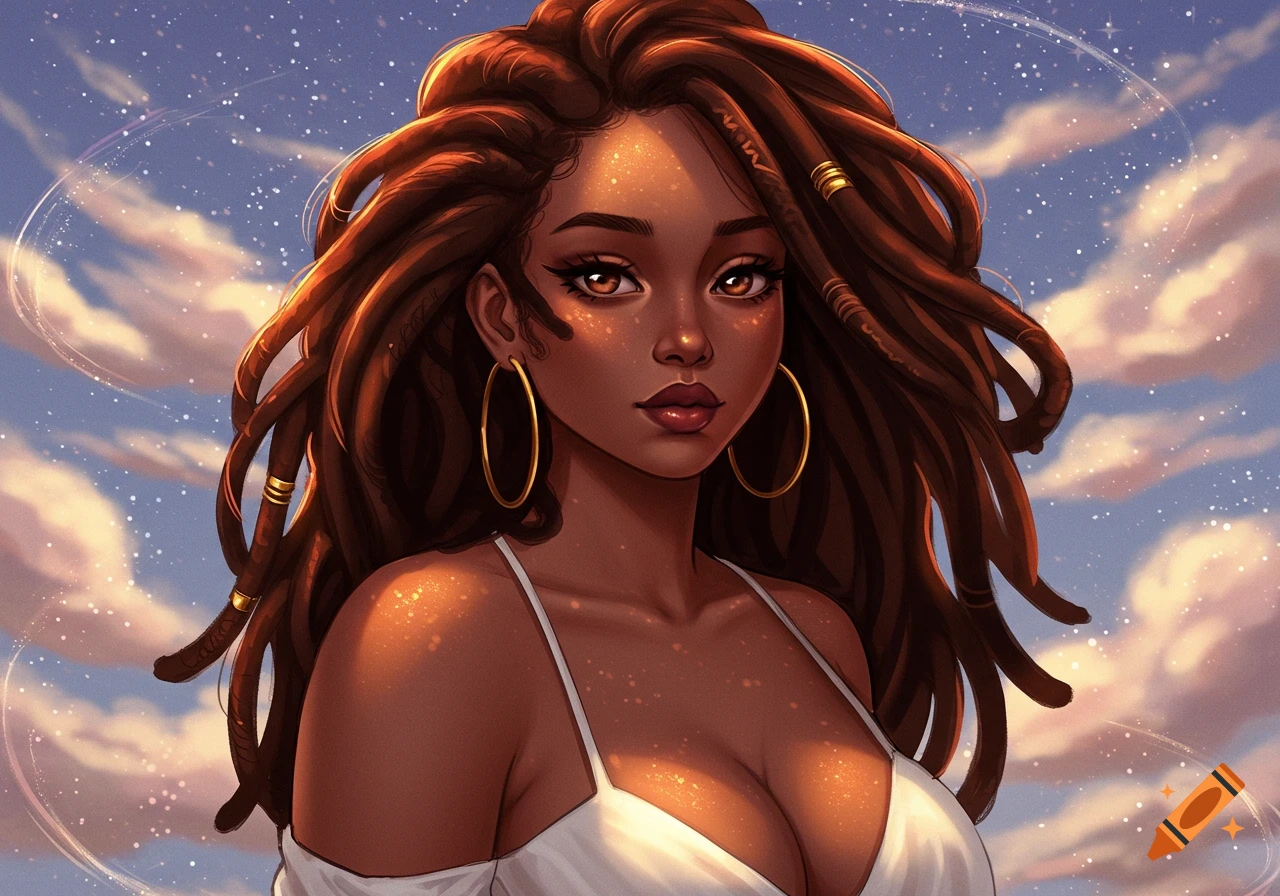 Anime-style portrait of a dark-skinned woman with long dreadlocks, wearing a white top, against a cloudy sky.