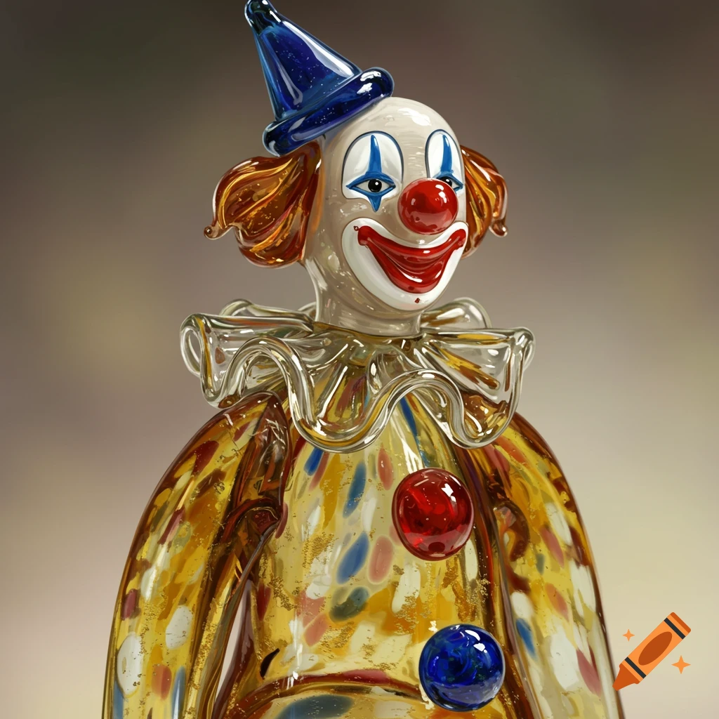 Vintage Murano glass clown figurine with a blue hat, white face with clown makeup, and a colorful, spotted glass body.