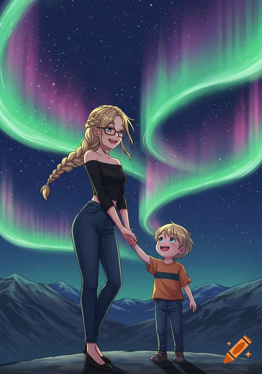 An anime illustration of a smiling woman with blonde braids and glasses holding hands with a young boy under vibrant auroras.