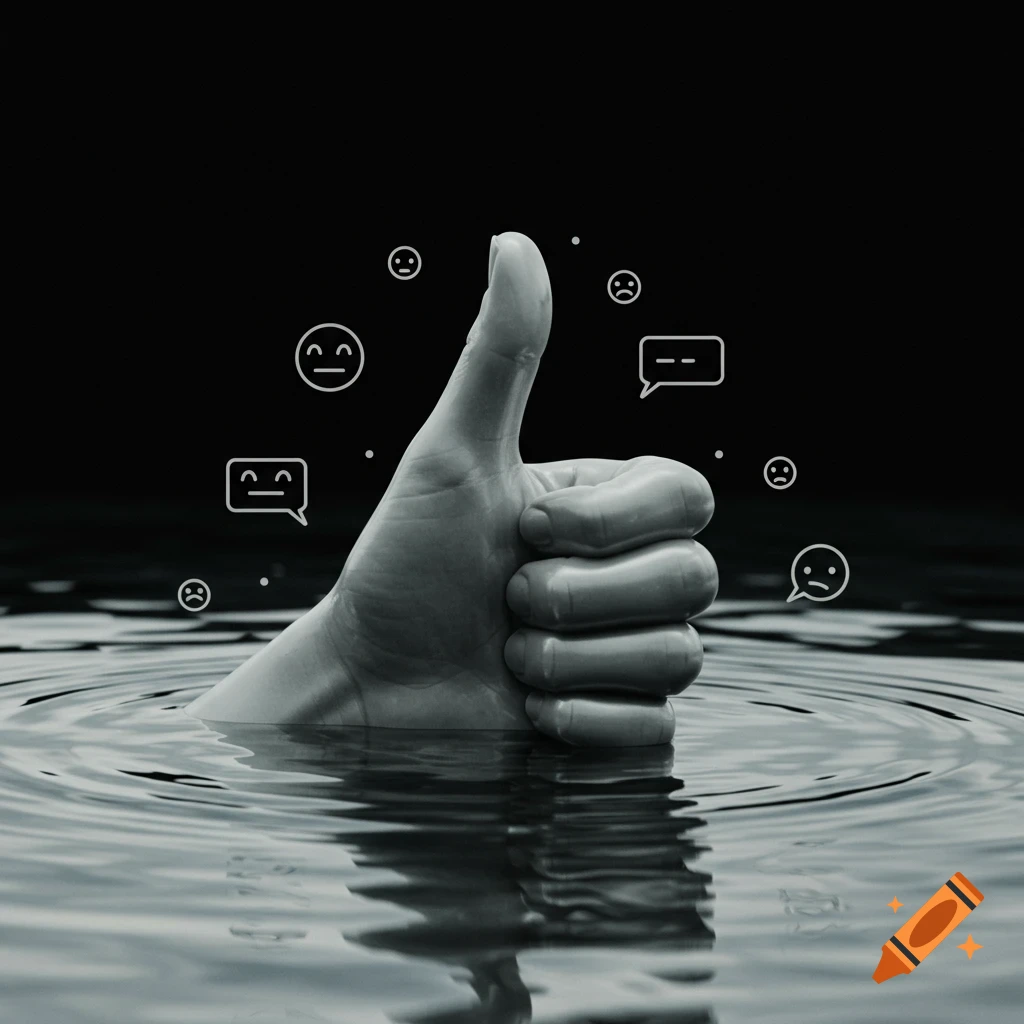 A hand giving a thumbs-up sinks into water, surrounded by floating emoji and chat bubble icons, in a conceptual black and white style.