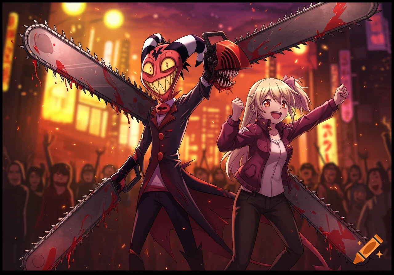 Blitzo from Helluva Boss with chainsaws, standing beside a cheering Madoka Kaname in an urban setting.