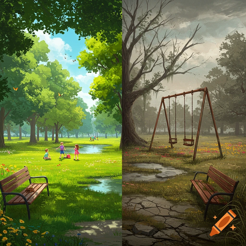 A vertical split image showing a vibrant, sunny park with children playing on the left, and a decaying, gloomy park with an empty swing set on the right.