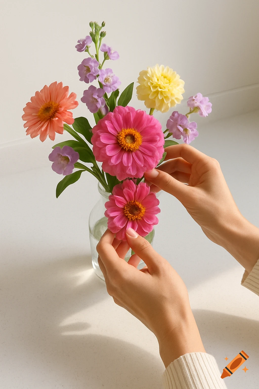 A person's hands arrange a colorful bouquet of pink, orange, yellow, and purple flowers in a clear glass vase on a white counter.