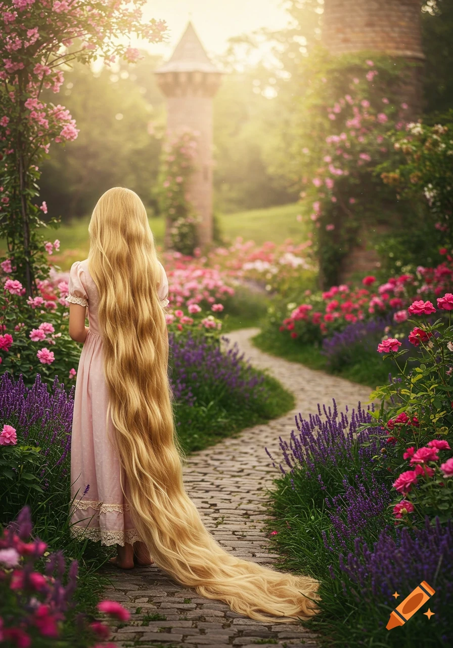A Girl With Very Long Blonde Hair Stands On A Cobblestone Path In A BX JieSSRhSm4ZXvgswf0Q.webp
