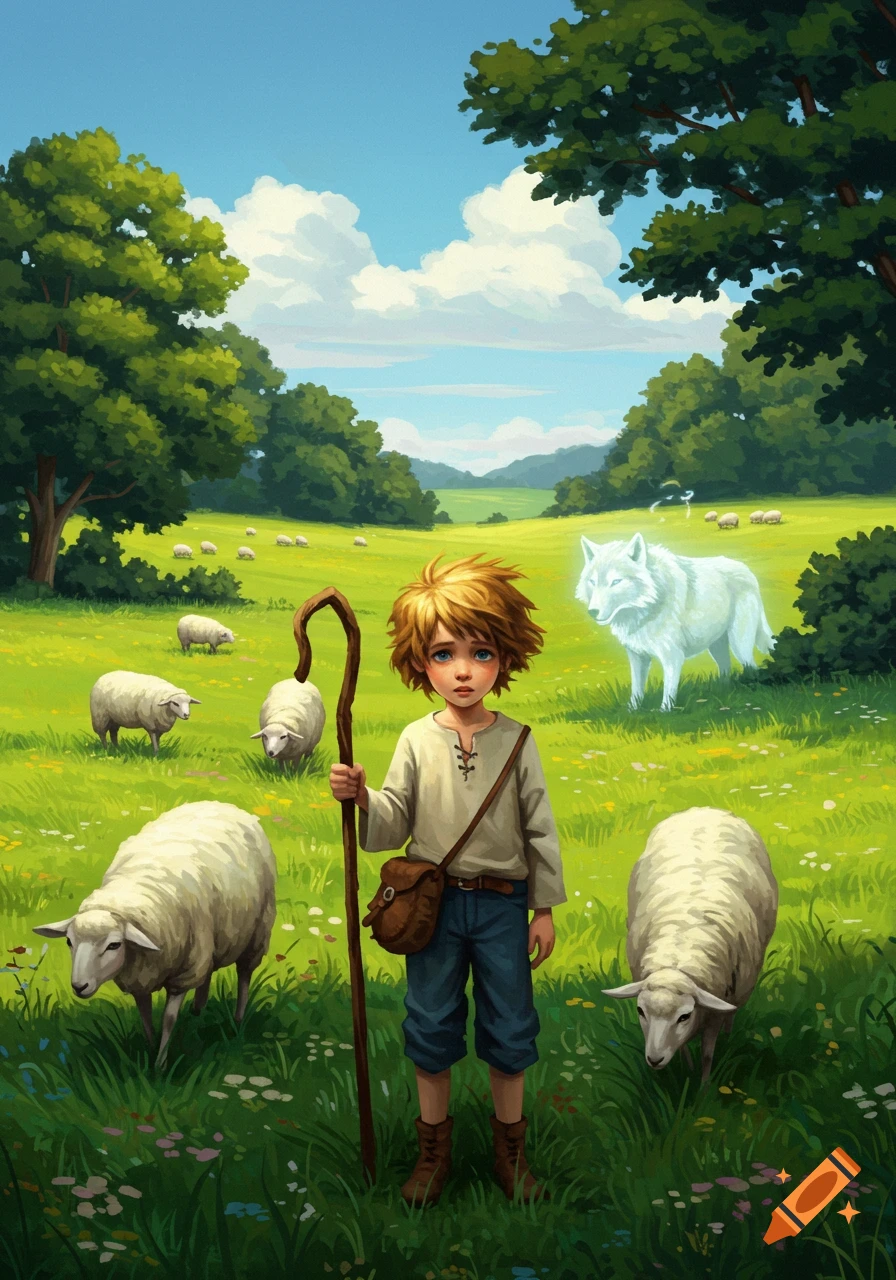An illustration of a young shepherd boy with a staff among sheep and a glowing white wolf in a sunny green meadow.