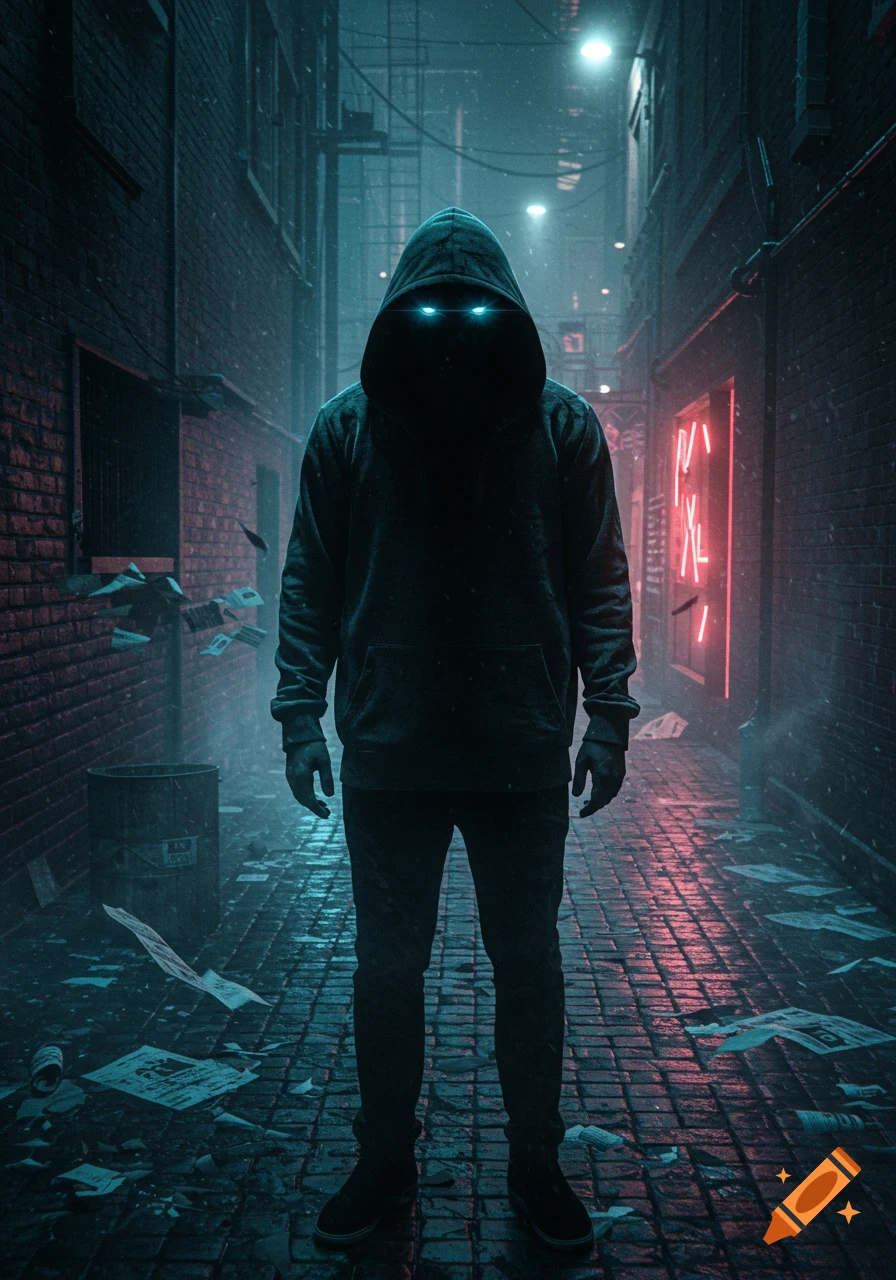 A mysterious hooded figure with glowing blue eyes stands in a dark, rainy urban alley with neon signs.