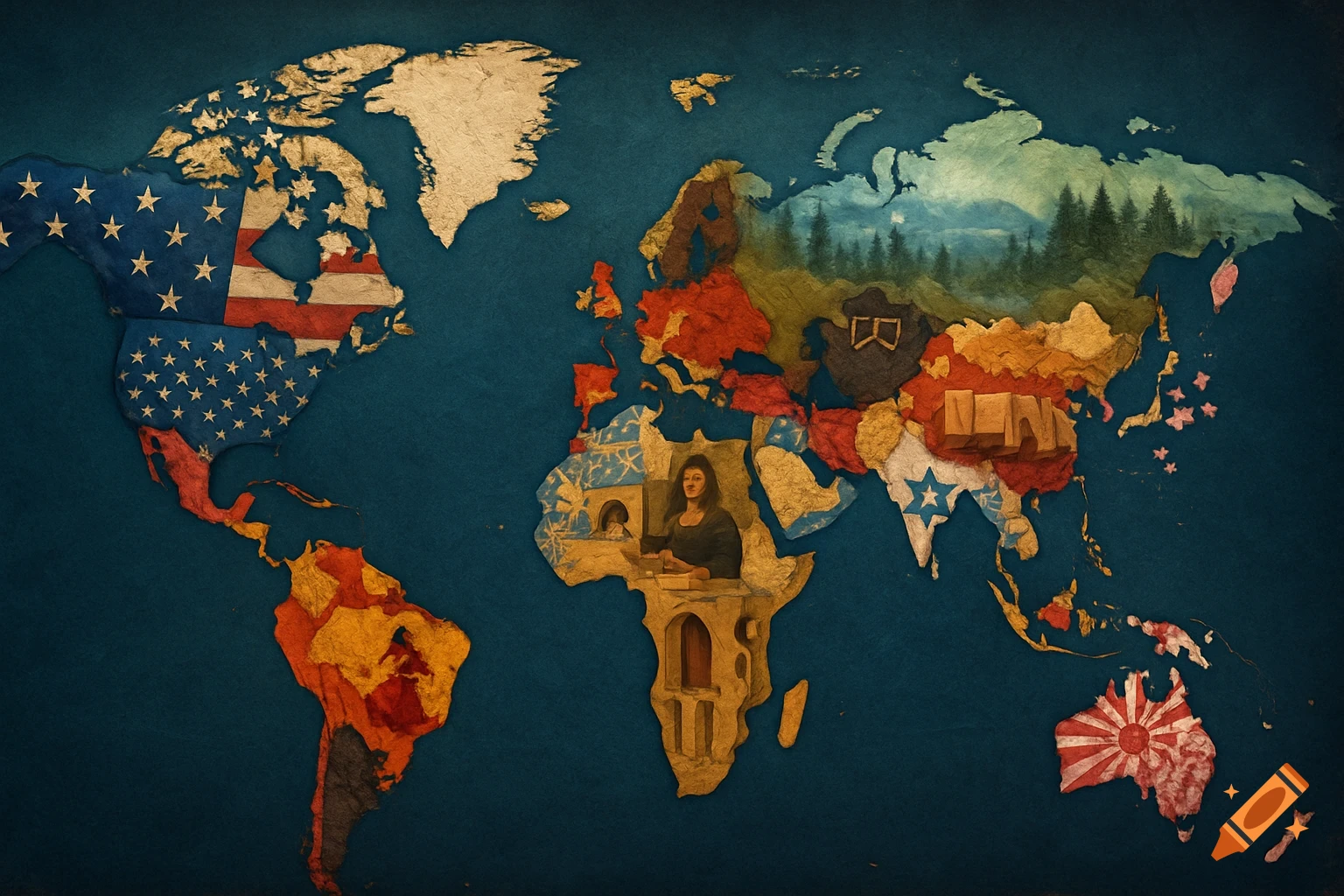 A stylized world map with textured landmasses. North America features the USA flag, Africa contains a woman, and Australia displays the Japanese Rising Sun flag.