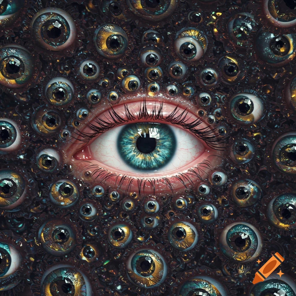 A large human eye centered and surrounded by many smaller, metallic-looking eyes on a dark, textured background.