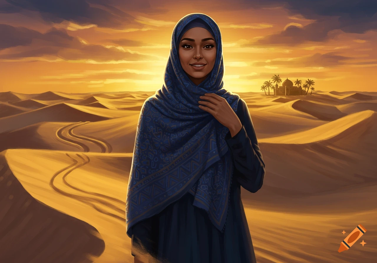 A smiling woman in a blue hijab stands in a sunlit desert with sand dunes and a distant oasis, digital painting.