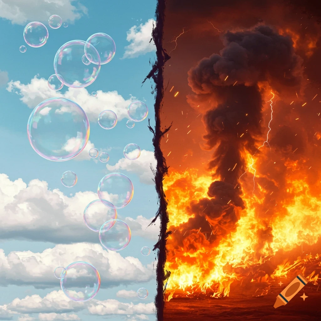 A split image showing a bright blue sky with bubbles on one side and a dark, fiery explosion with smoke and lightning on the other.