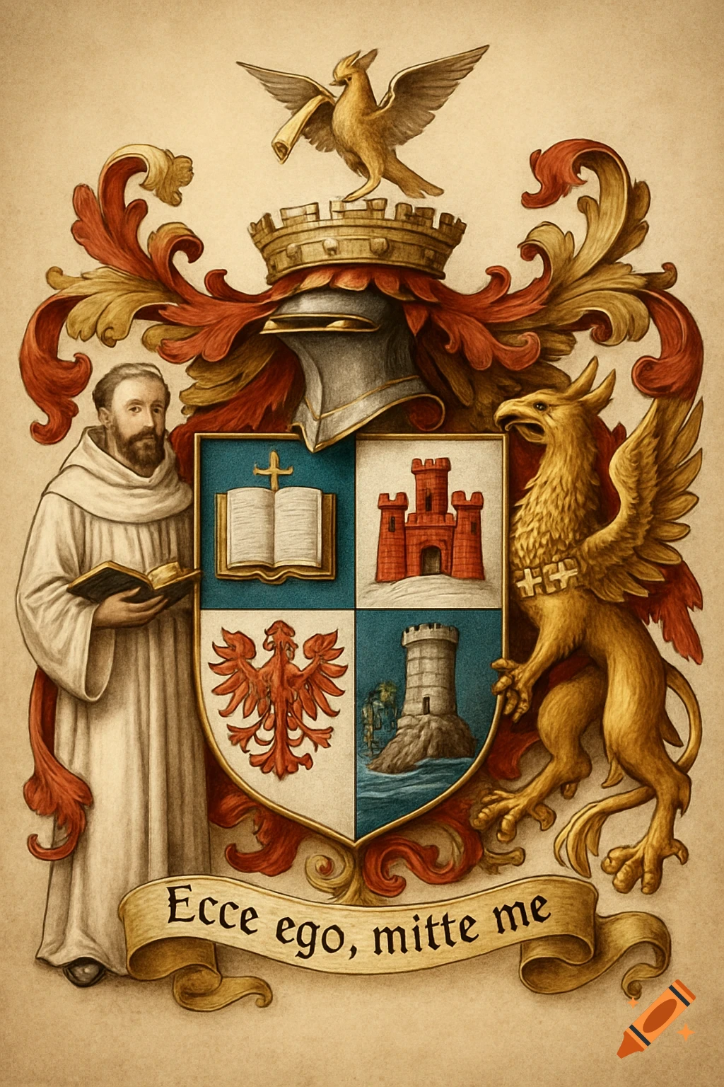 An elaborate medieval coat of arms with a monk, griffin, shield with castles and book, and a motto scroll.