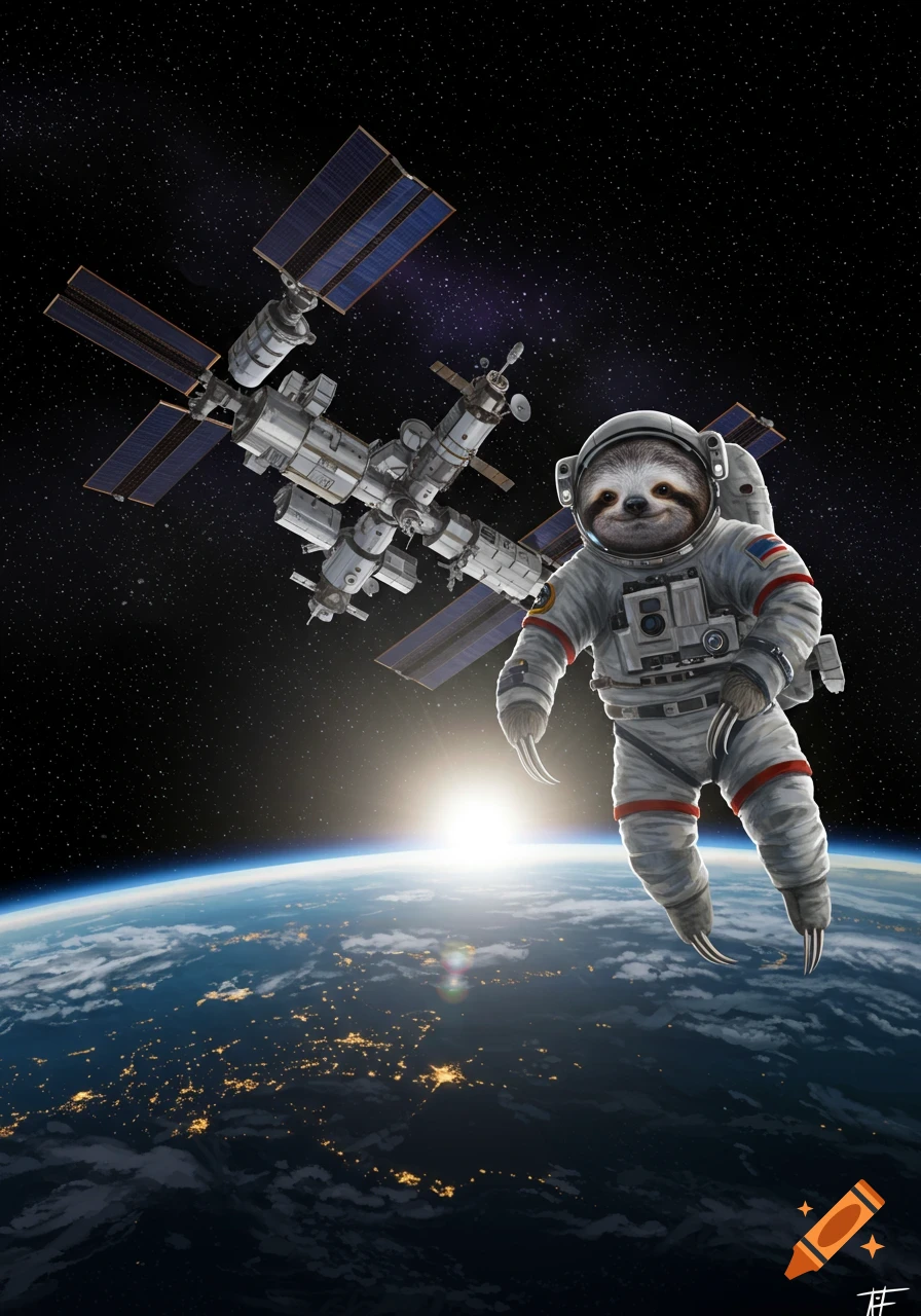 A smiling sloth in an astronaut suit floats in space above Earth, with the International Space Station behind it and the sun rising.