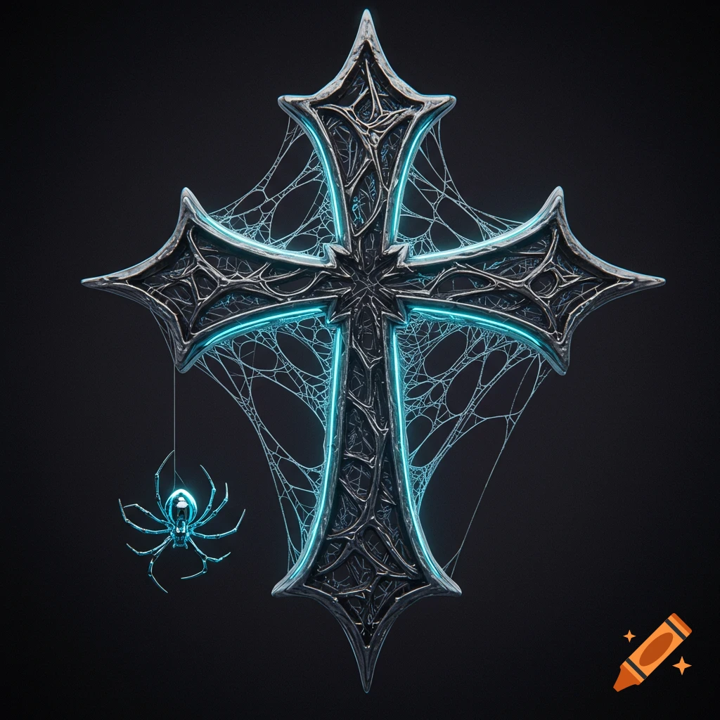 A stylized metallic cross with blue glowing lines and intricate spiderwebs, with a glowing blue spider hanging from a web on the lower left.