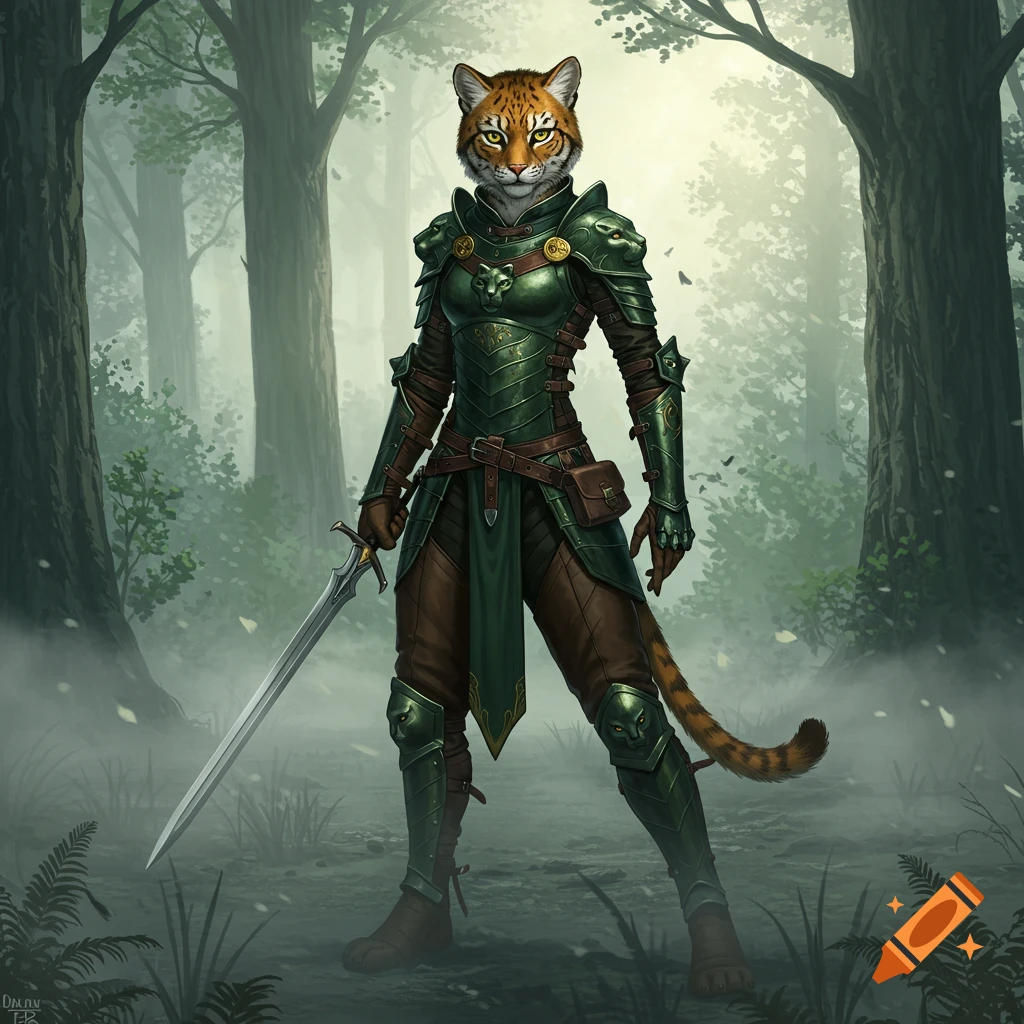 A cat-humanoid warrior in green armor holding a sword in a misty forest.