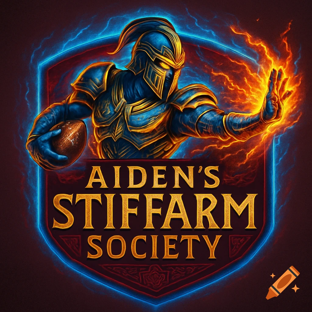 A fantasy-style logo featuring a blue and gold armored warrior holding a football, with an outstretched hand surrounded by orange flame and blue lightning within a shield, above the words "AIDEN'S STIFFARM SOCIETY".
