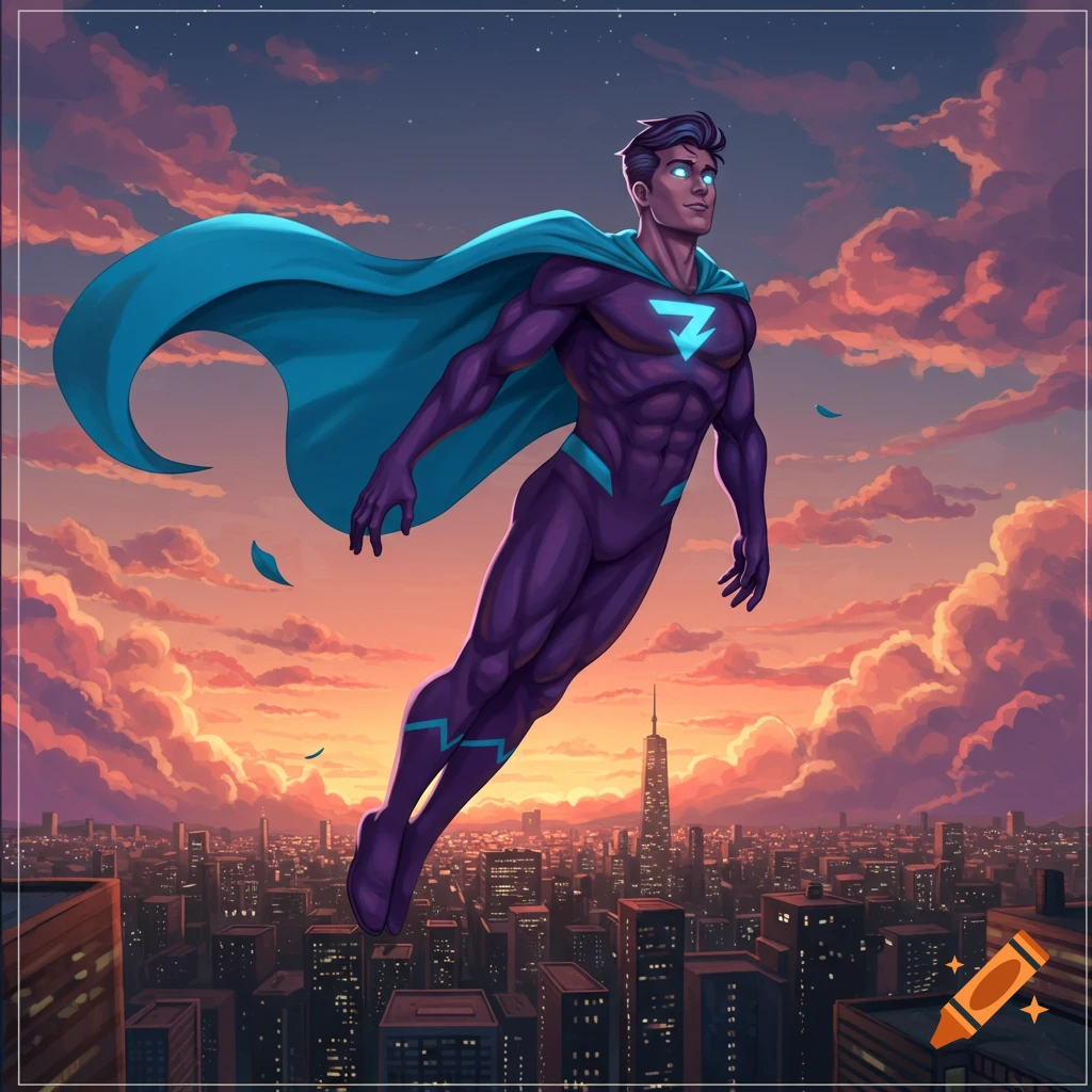 An illustrated male superhero in a purple suit and blue cape flying over a city at sunset.