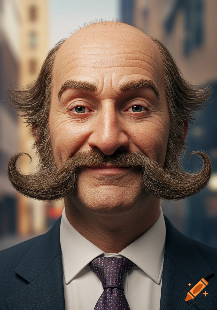 Close-up photorealistic portrait of a bald man with bushy gray hair on the sides, prominent curly mustache, and sideburns, wearing a suit and tie.