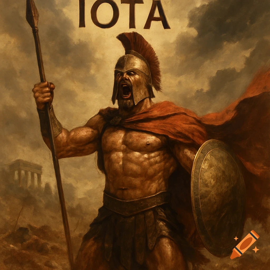 A screaming Spartan warrior in a bronze helmet and red cape, holding a spear and shield, with the word "IOTA" above him. A ruined structure is in the background under a cloudy sky.