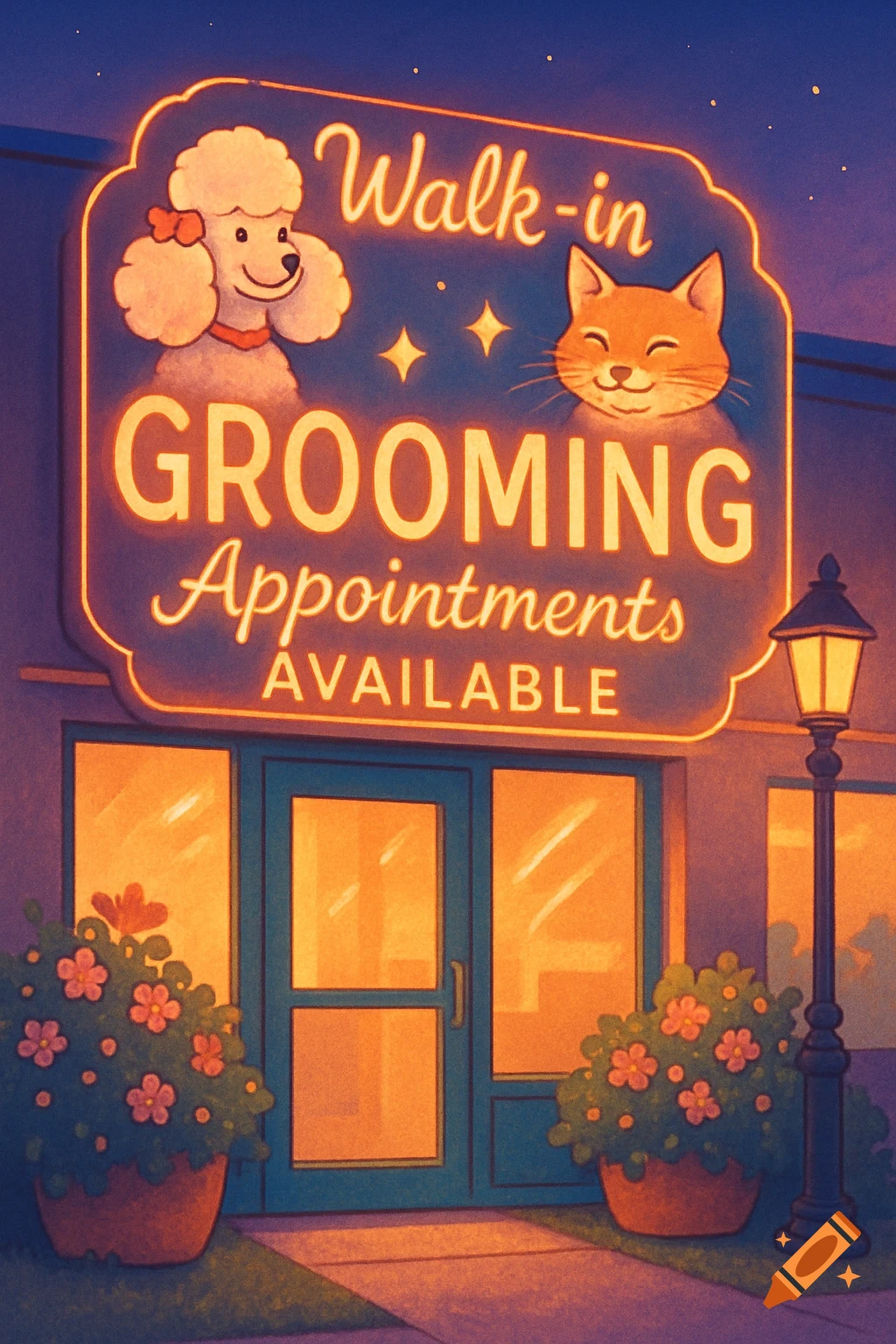 Illustration of a neon sign for a pet grooming shop at night, featuring a poodle and a cat, with text 'Walk-in Grooming Appointments Available'.