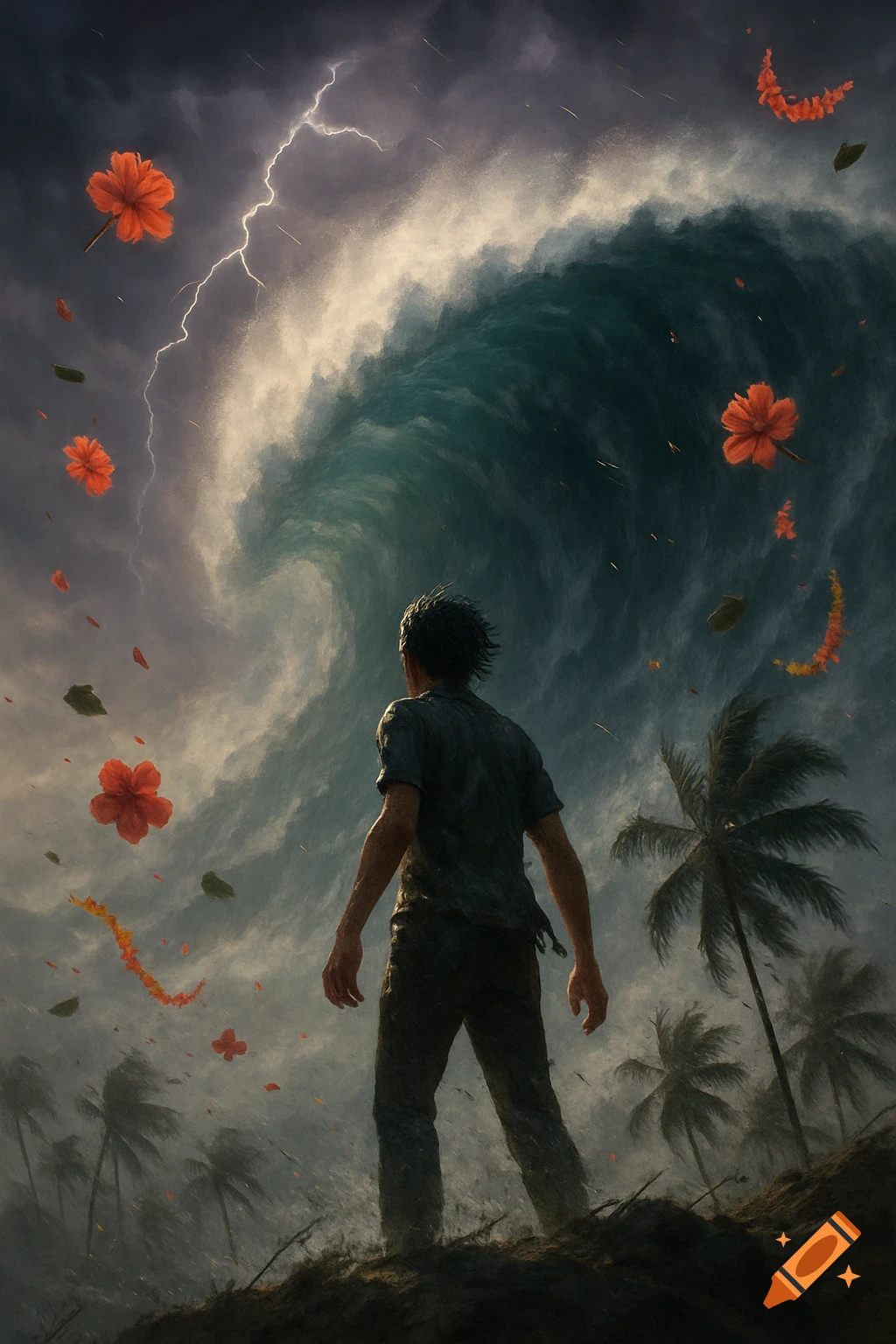 A man stands on a hill looking back at a massive tsunami wave under a lightning-filled storm sky, with palm trees and flying flowers.