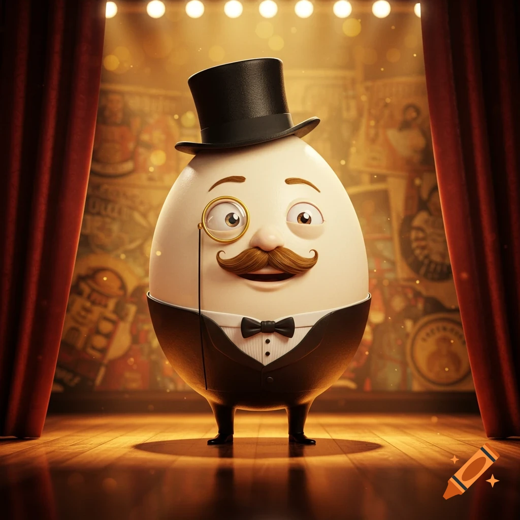 A whimsical, cartoonish anthropomorphic egg in a tuxedo, top hat, mustache, and monocle stands on a spotlighted stage.