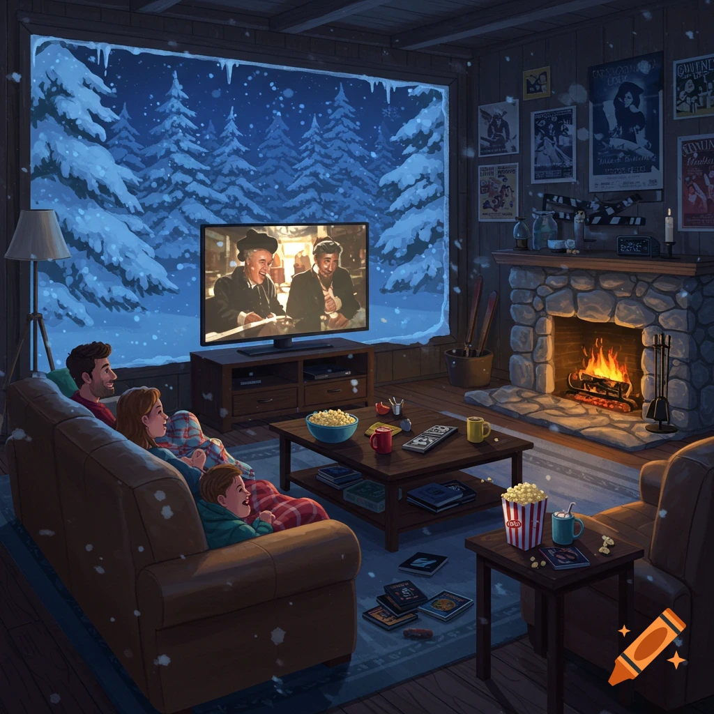 A family watches a movie on a large TV screen in a cozy cabin living room with a stone fireplace, on a snowy winter night.