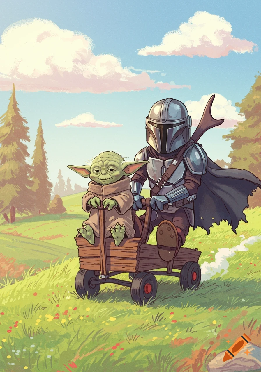 The Mandalorian pushes Grogu in a wooden wagon through a grassy field under a blue sky, in a cartoon style.