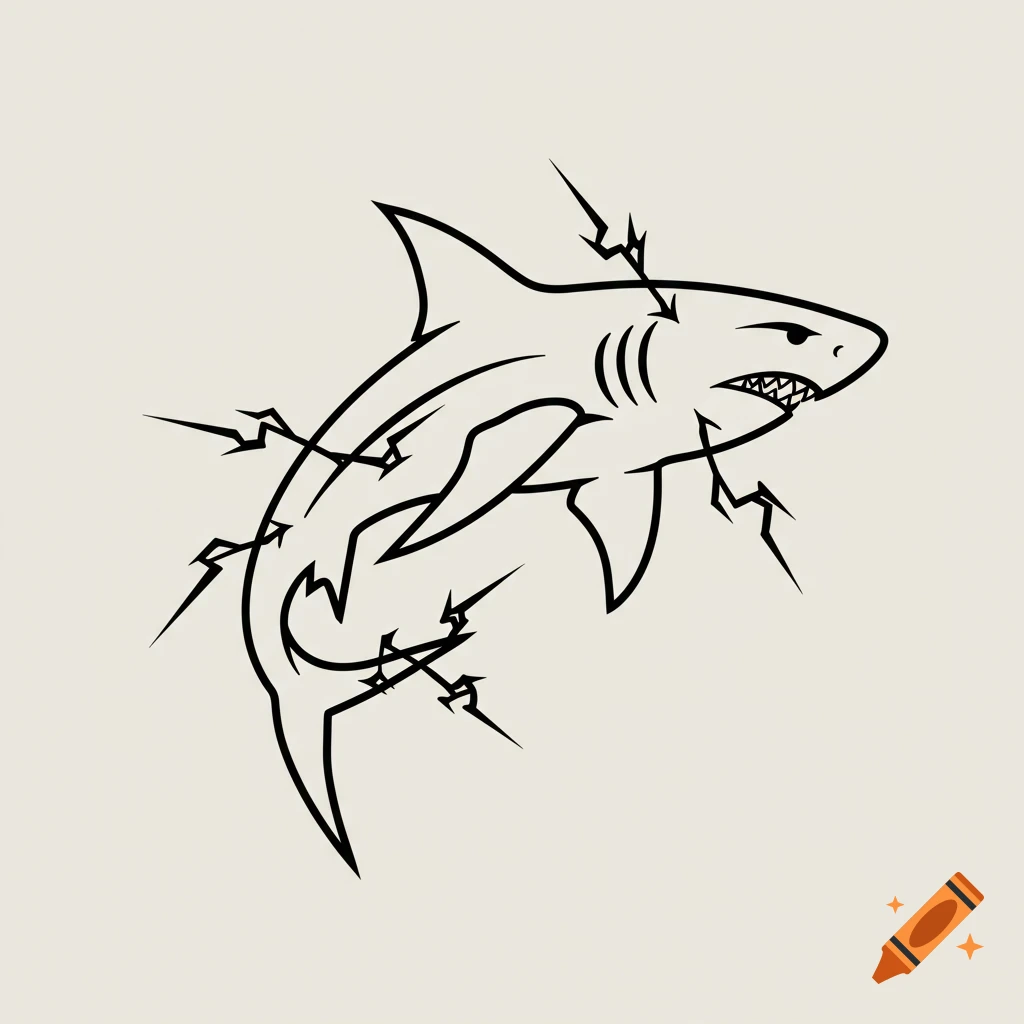 A minimalist line art illustration of a shark with jagged lightning bolts around its body.