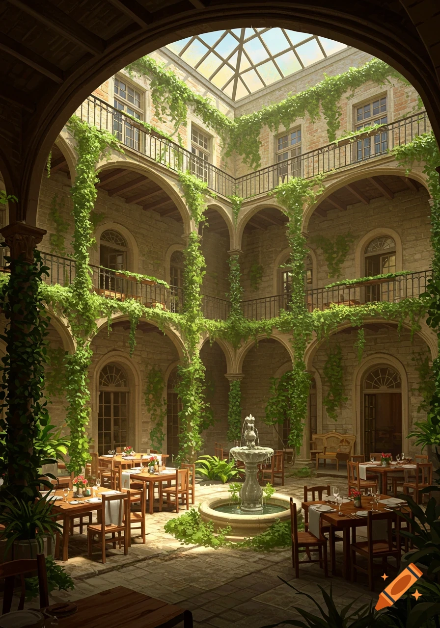 Photorealistic image of a sunlit stone courtyard with arches, climbing vines, a central fountain, and dining tables set for guests.