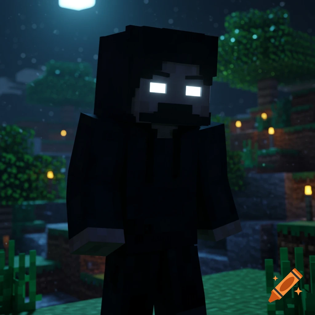 A dark Minecraft character with glowing white eyes and a mustache stands in a dimly lit, blocky forest at night.