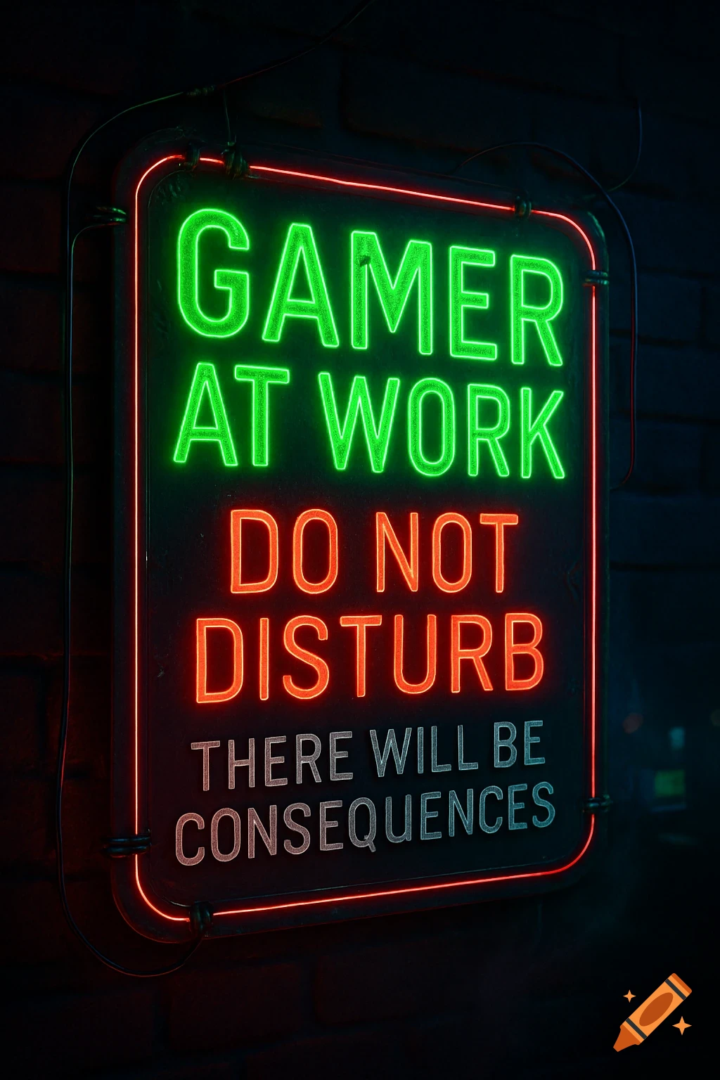 A glowing green and red neon sign on a dark brick wall reads 'GAMER AT WORK DO NOT DISTURB THERE WILL BE CONSEQUENCES'.