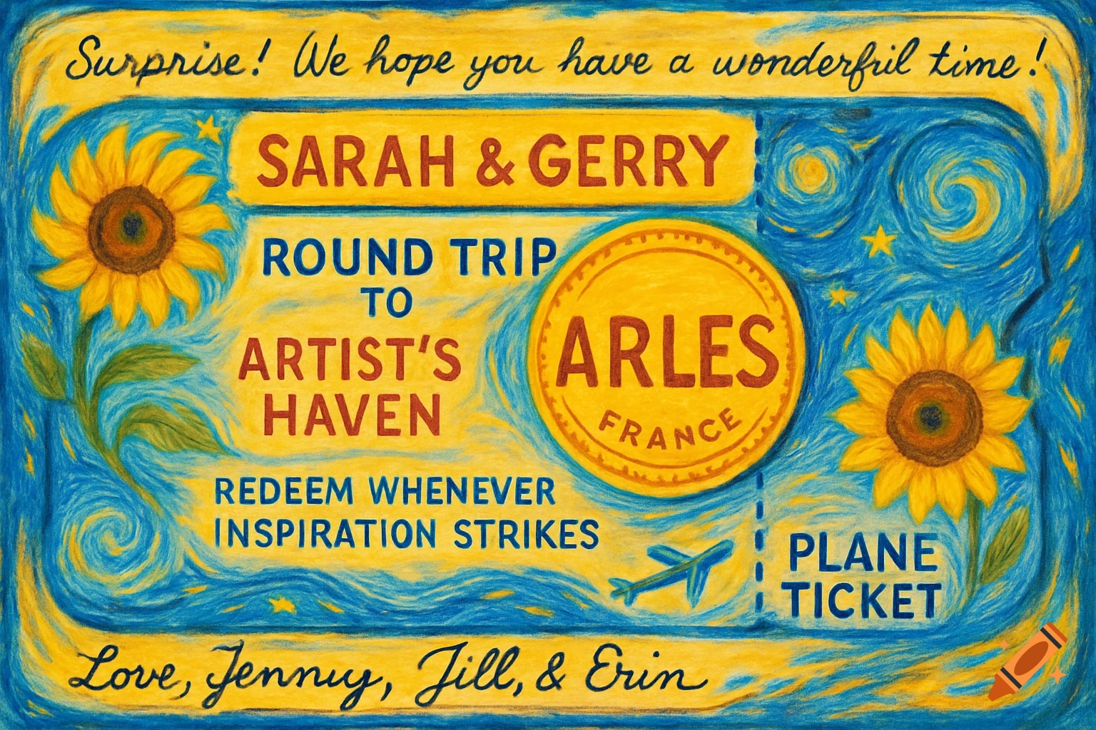 A stylized plane ticket in the manner of Van Gogh, featuring sunflowers and swirling blue sky. Text reads 'Surprise! We hope you have a wonderful time! SARAH & GERRY ROUND TRIP TO ARTIST'S HAVEN ARLES FRANCE REDEEM WHENEVER INSPIRATION STRIKES PLANE TICKET Love, Jenny, Jill, & Erin'.