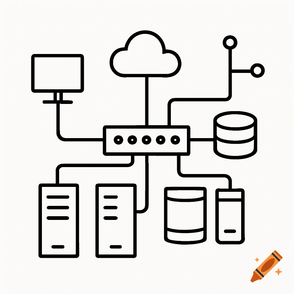 Black and white line drawing of a computer network with various connected devices.