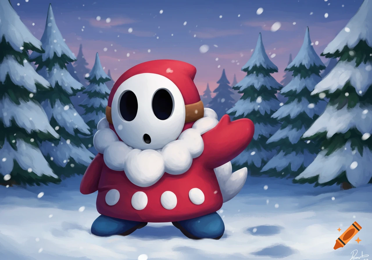 A cartoon character (Shy Guy) dressed in a red and white Delibird-like coat stands in a snowy forest with falling snow.