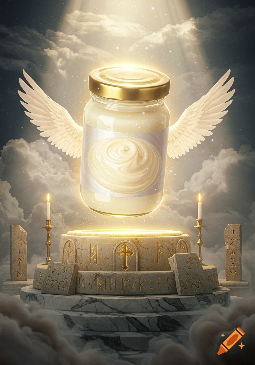A glowing jar of mayonnaise with white wings floats above a stone altar with runes, surrounded by clouds and light rays.