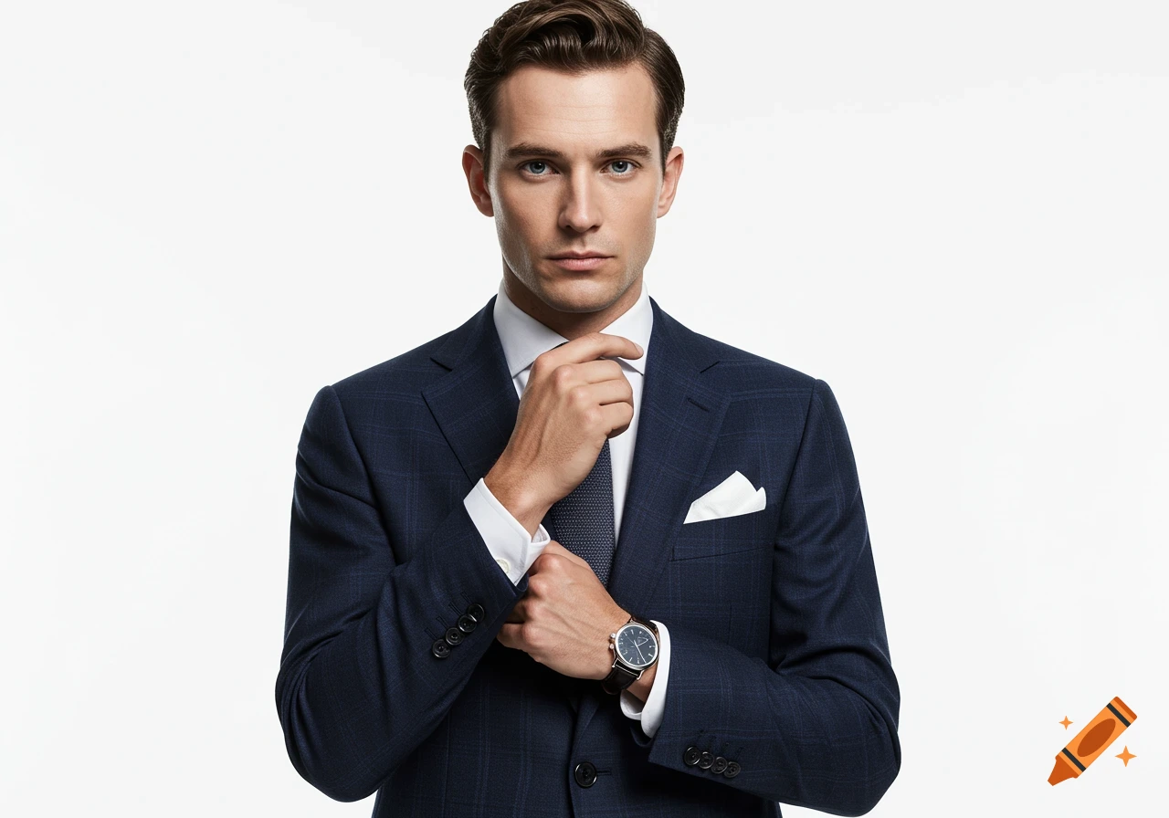 A handsome man in a dark blue plaid suit and tie, looking directly at the camera, stands against a white background.