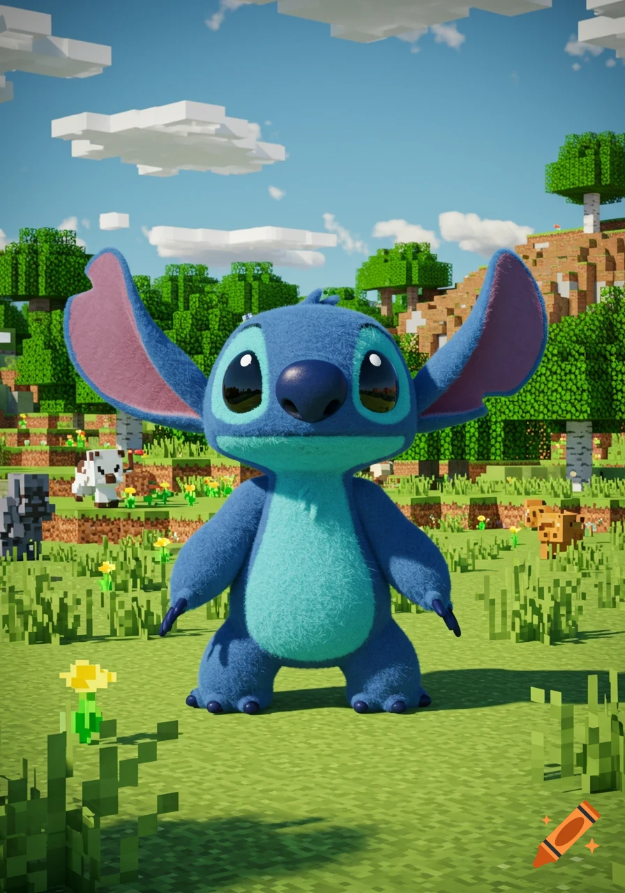 Stitch, the blue alien, stands in a brightly lit, blocky Minecraft world with pixelated trees, clouds, and grass.