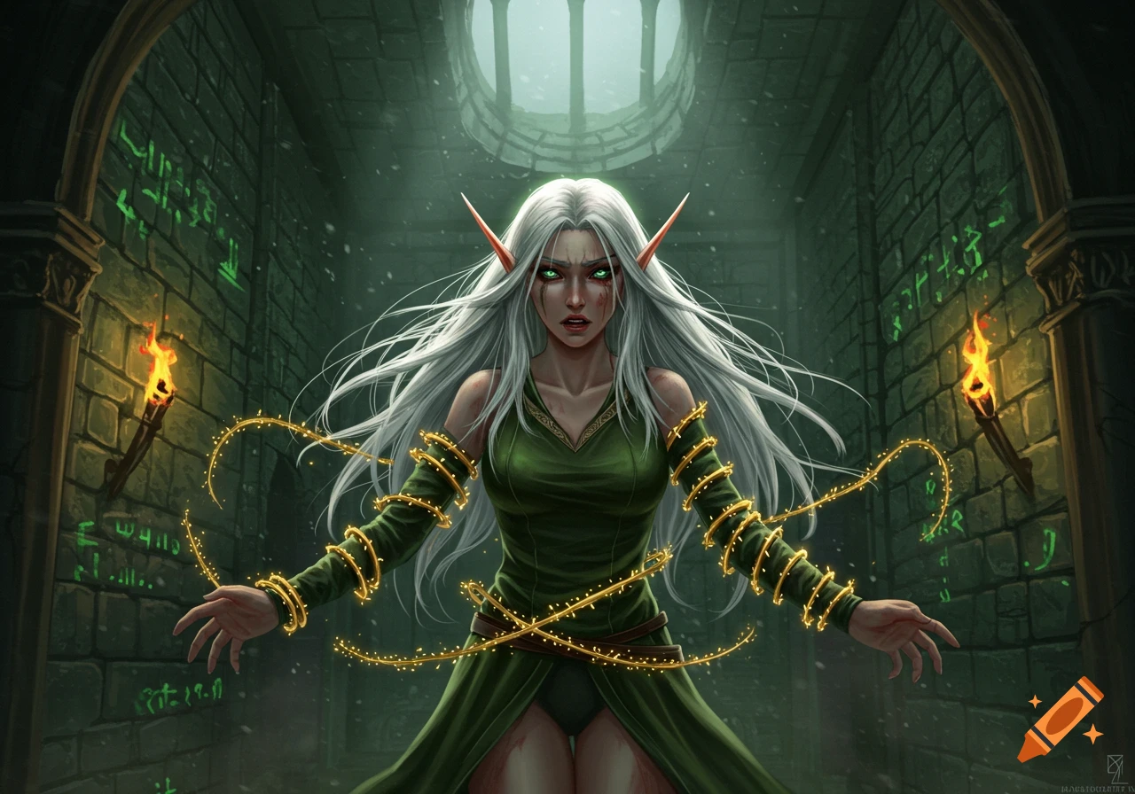 A digital painting of an elven woman with long white hair and green eyes in a stone dungeon, bound by golden glowing chains.