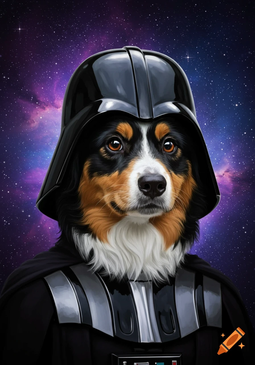 A black tri-color Australian Shepherd dog wears a Darth Vader helmet and cape, standing against a galaxy background.