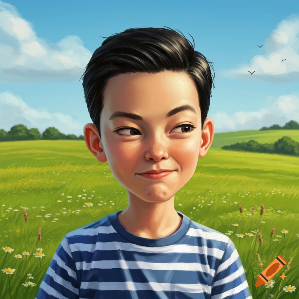 A digital illustration of a young boy with black hair and a smug expression, wearing a striped shirt in a sunny green field.