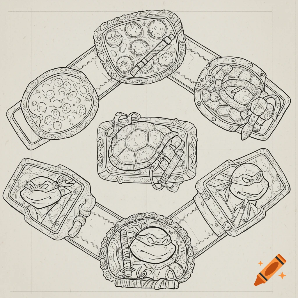Line art illustration of multiple Teenage Mutant Ninja Turtles belt buckles, featuring character faces, turtle shells, pizzas, and weapons.