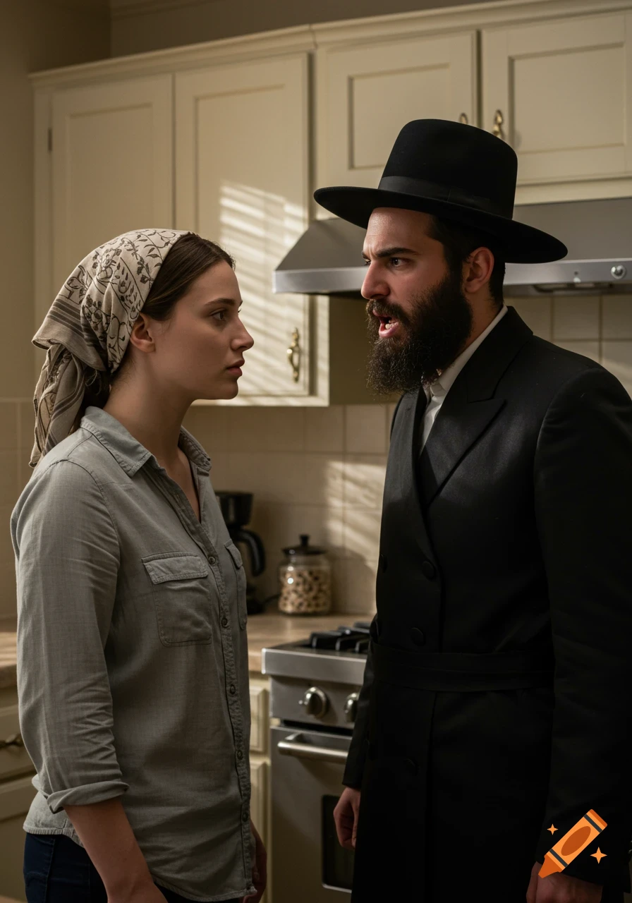 Photorealistic image of a bearded Hasidic man yelling at a woman in a headscarf in a kitchen.
