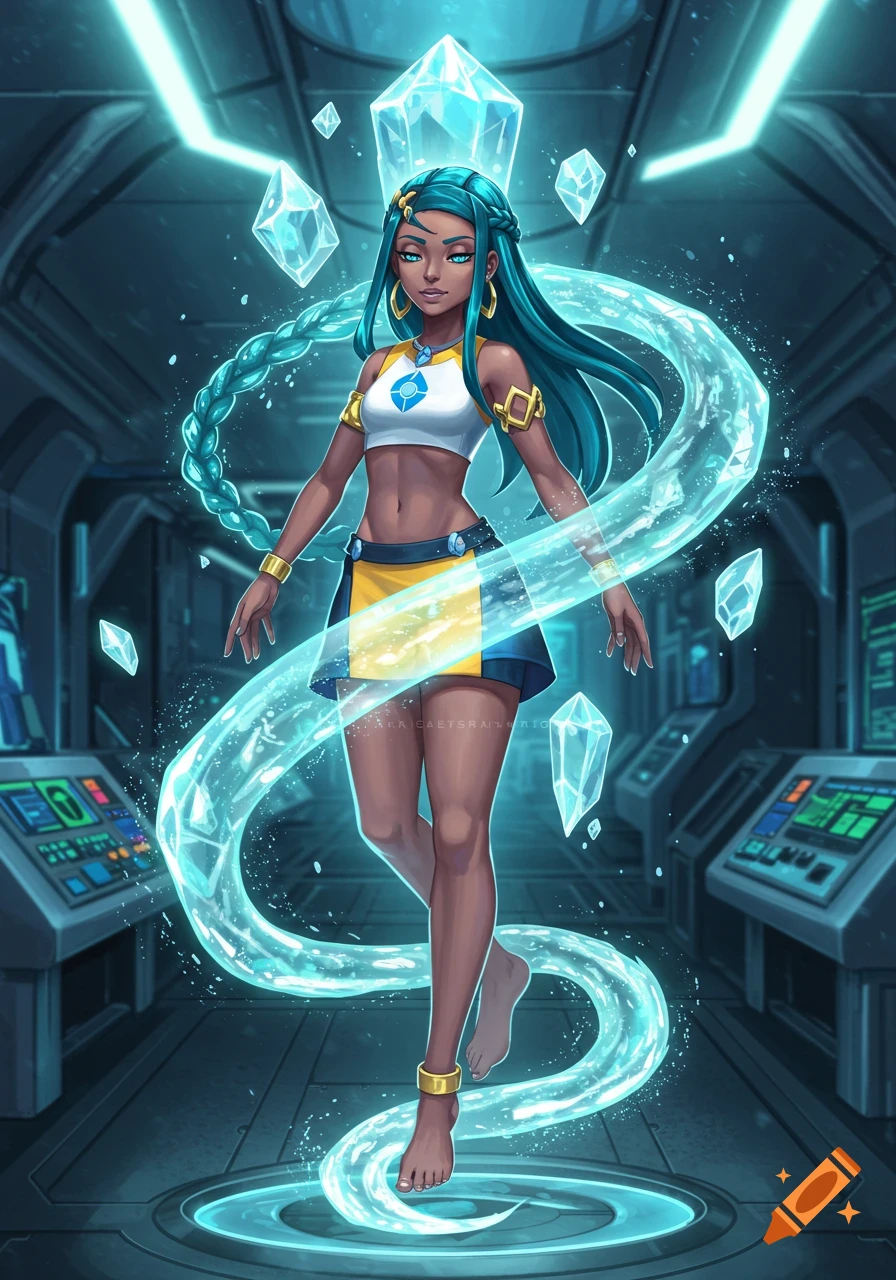 Nessa from Pokémon, an anime girl with teal hair, floats surrounded by glowing blue ice crystals and a swirling water stream in a futuristic room.